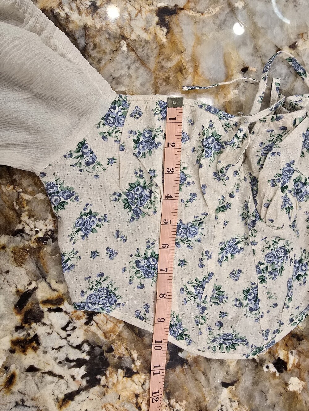 Cider floral corset crop top with sheer flared sleeves  S Cream Blue - Picture 6 of 6